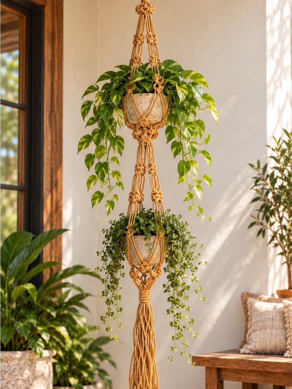 Vintage 70s Jute Macrame Double Plant Hanger 59” Boho Hippie Handmade Decor